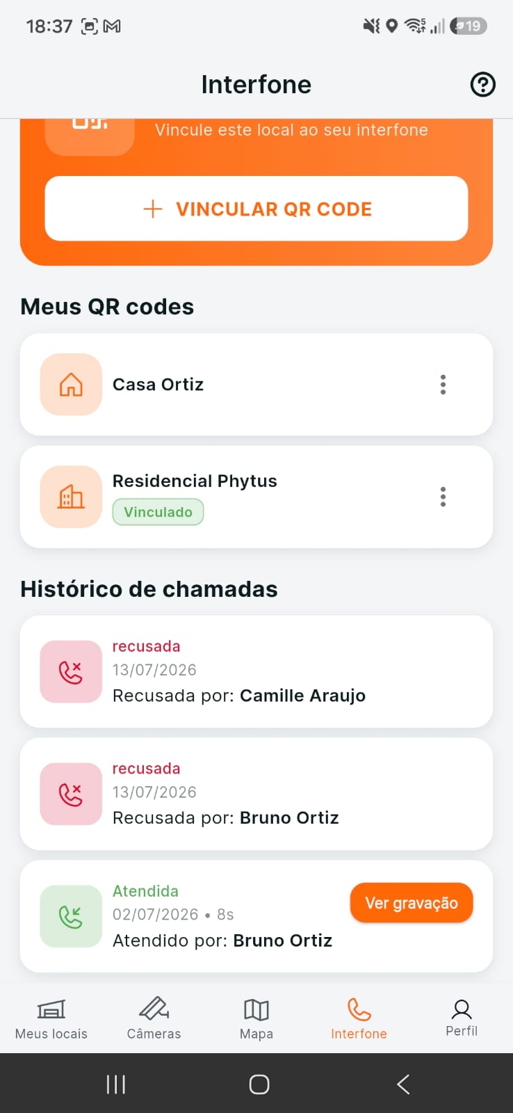 Locais e chamadas no aplicativo