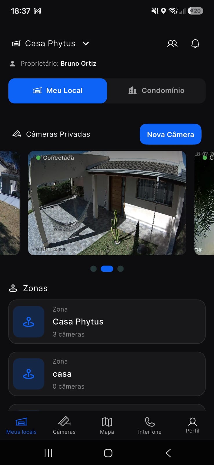 Visualização das câmeras no app OnlineGuard