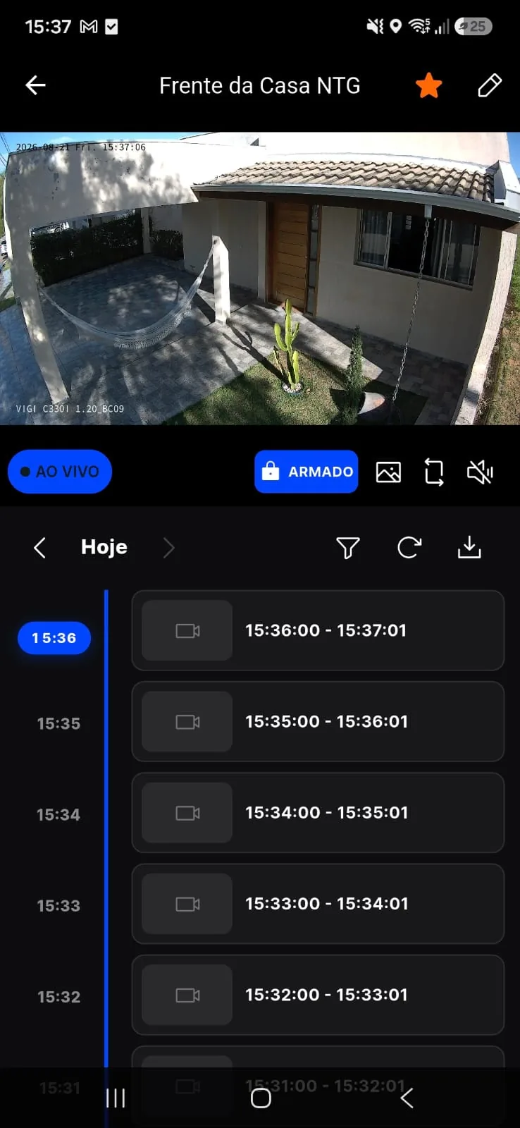 Linha do tempo com os vídeos gravados pela câmera